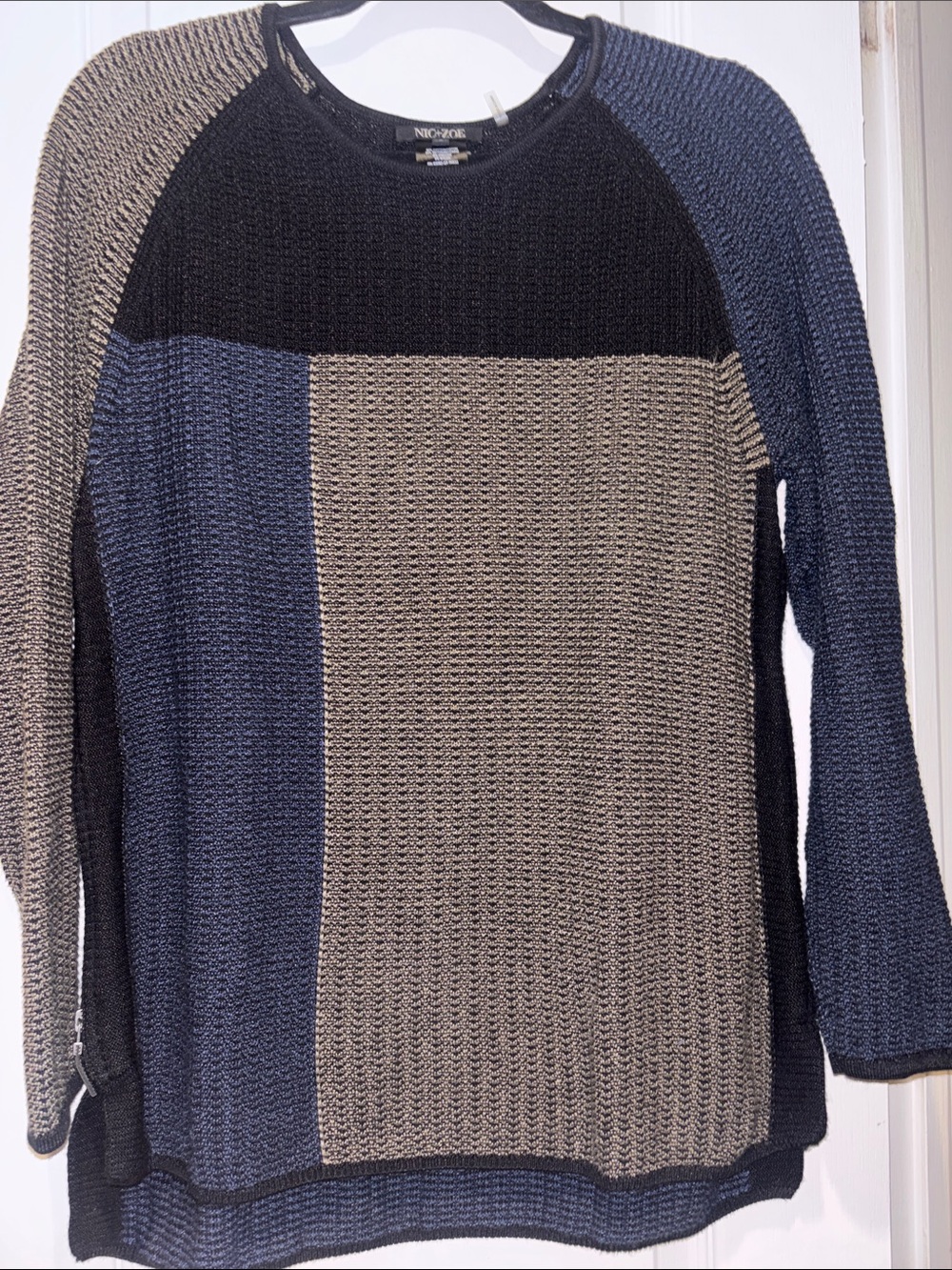 NI & ZOE COTTON SWEATER SIZE LARGE BLUE BLACK TAUPE COLOR BLOCK
PULL OVER